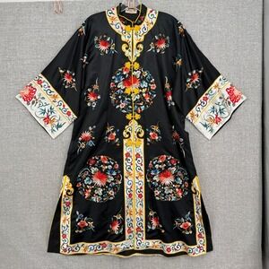 Vintage Golden Bee Kimono Robe Women Silk Satin Embroidered Floral Boho OS